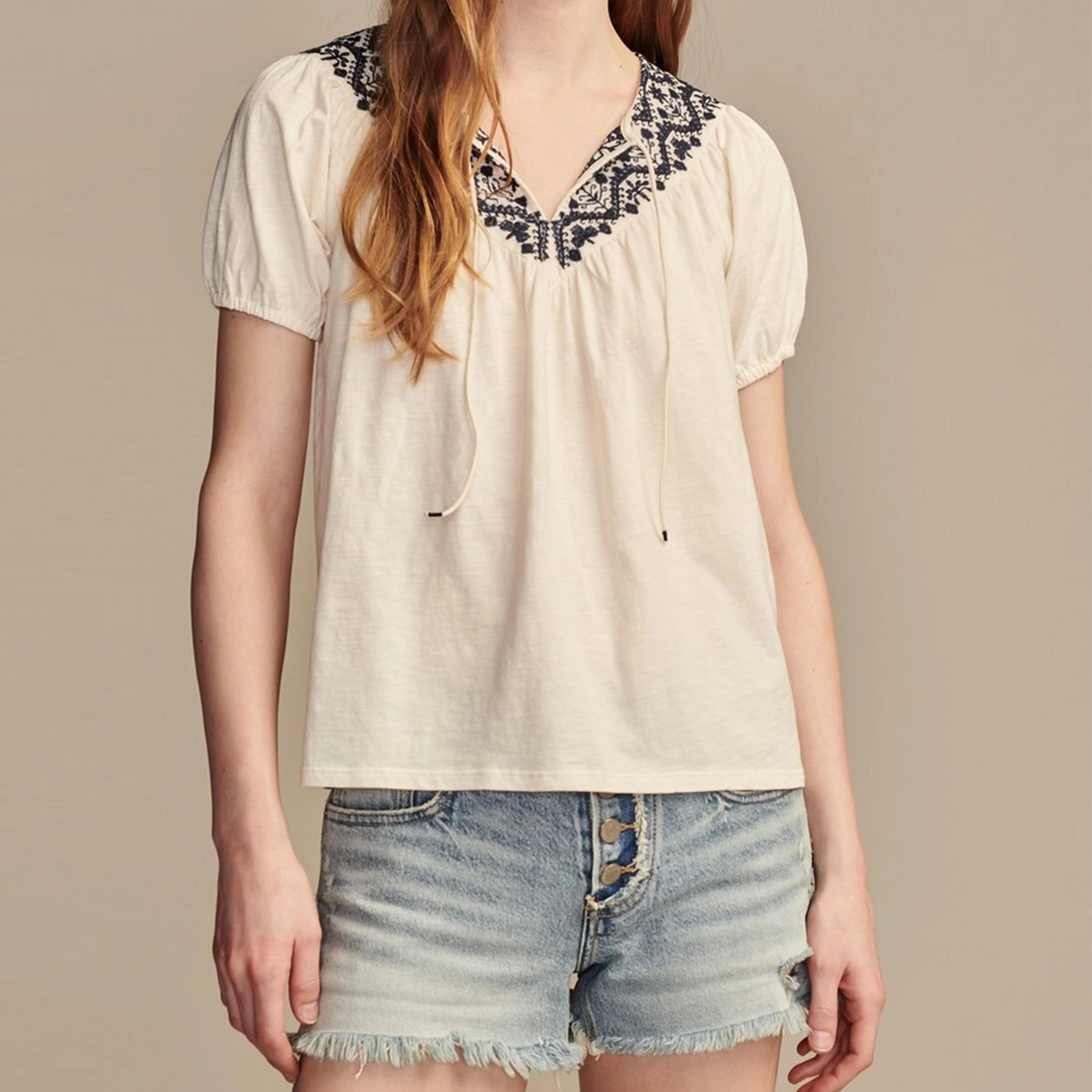 Chic Embroidered Floral Cotton Top with Puff Sleeves