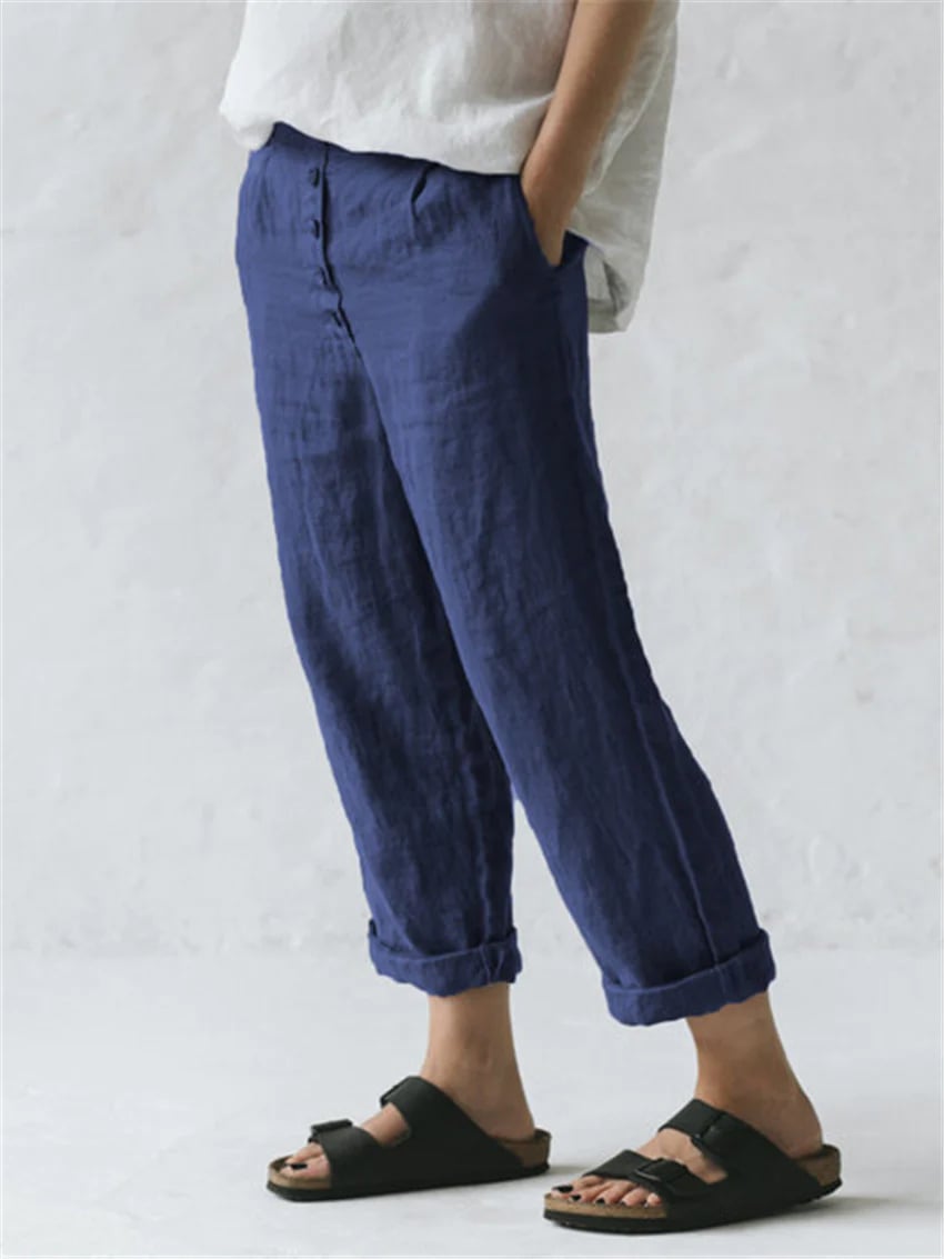 Womens Cotton Linen Pocket Button Casual Plus Size Pants