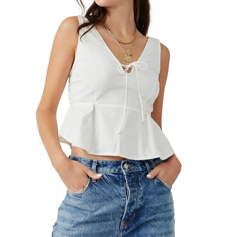 Cotton Tops Lady Slim V-Neck Sleeveless Tie Front Stretchy Smocked Back Casual Crop Tops Women's Blouse