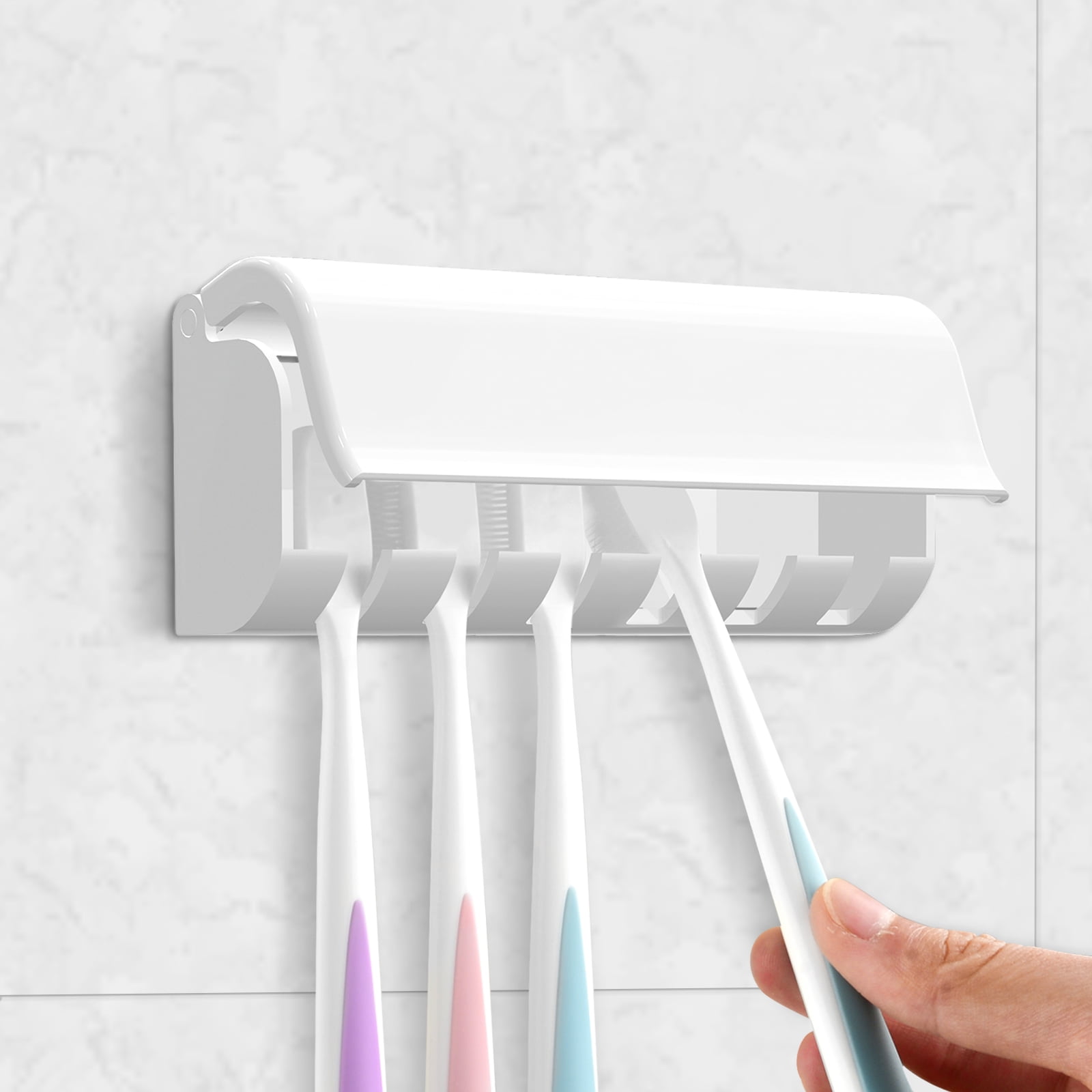 Toothbrush Holder Wall Mounted Plastic Toothbrush Holder, Toothbrush Holder with Cover, Self-Adhesive Toothbrush Storage Rack