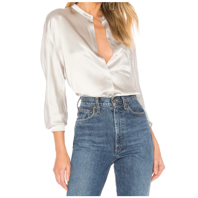 Elegant women clothing Front patch pocket 100% silk satin Blouse with three quarter sleeves office Shirt