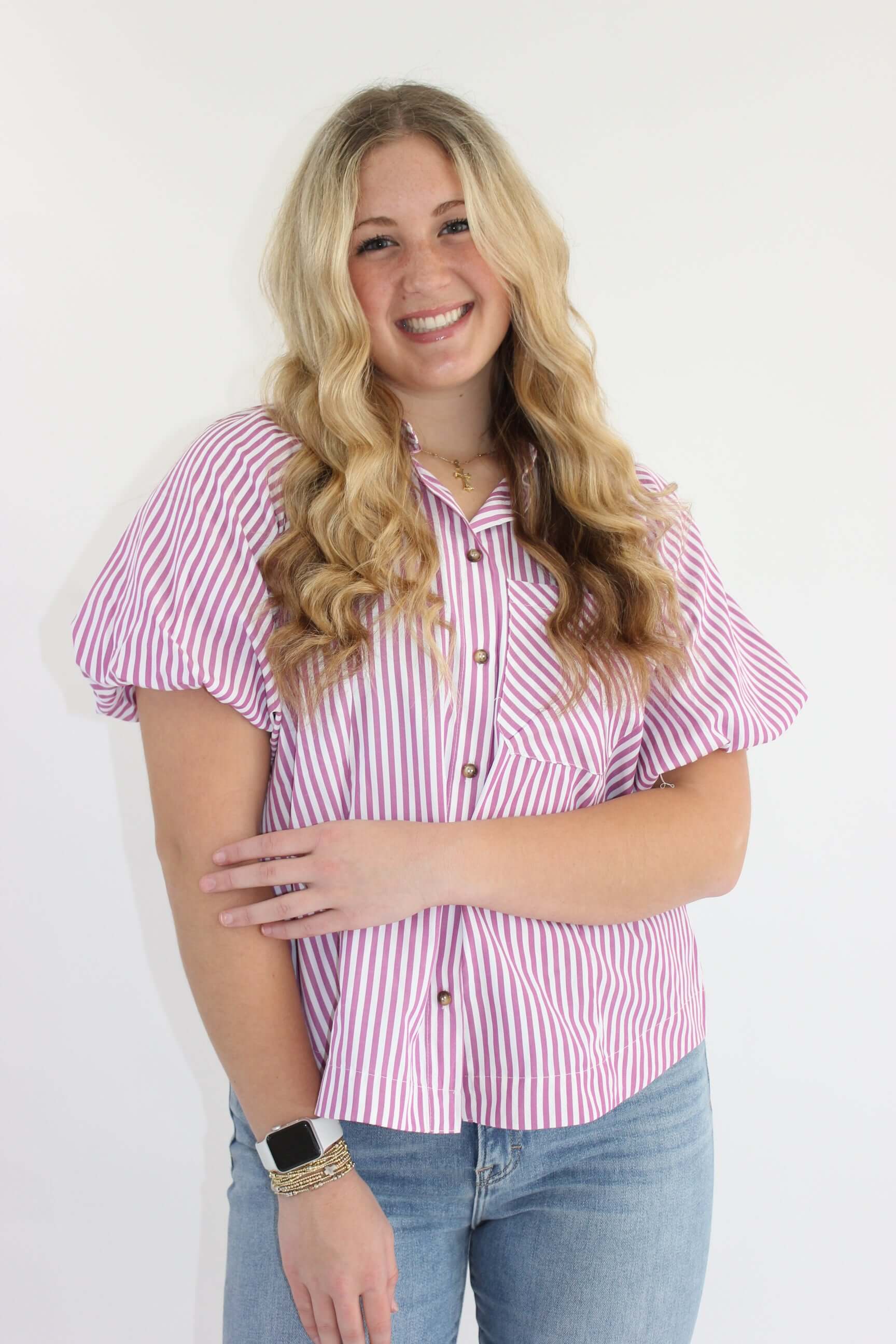 Purple and White Stripped Button-up Blouse
