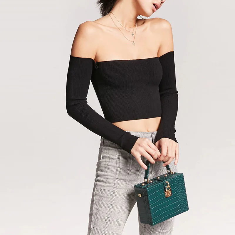 Hot Selling Women's Solid off Shoulder Long Sleeve Crop Top Casual Short Length Clothing Breathable Tops