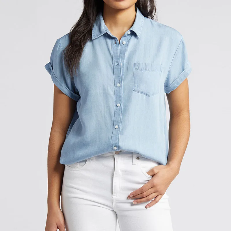 Camp Tops Lady Summer Spread Collar Short Sleeve Chest Patch Pocket Lightweight Shirt Casual Women's Blouse