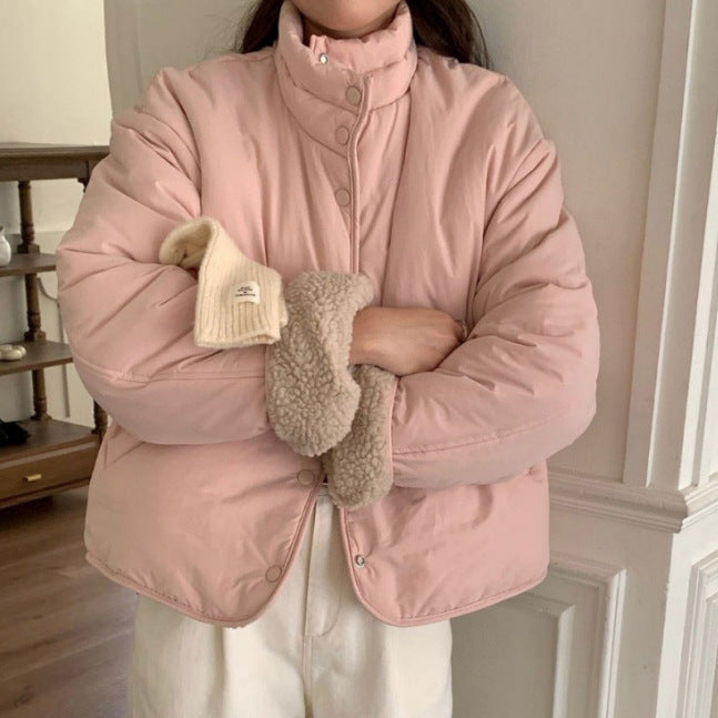 Female Lamb Wool Stand Collar Single Breasted Loose Cotton Jacket