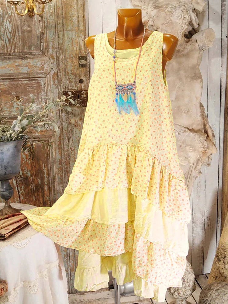 Women's Printed Sleeveless Maxi Hem Cotton Linen Dress