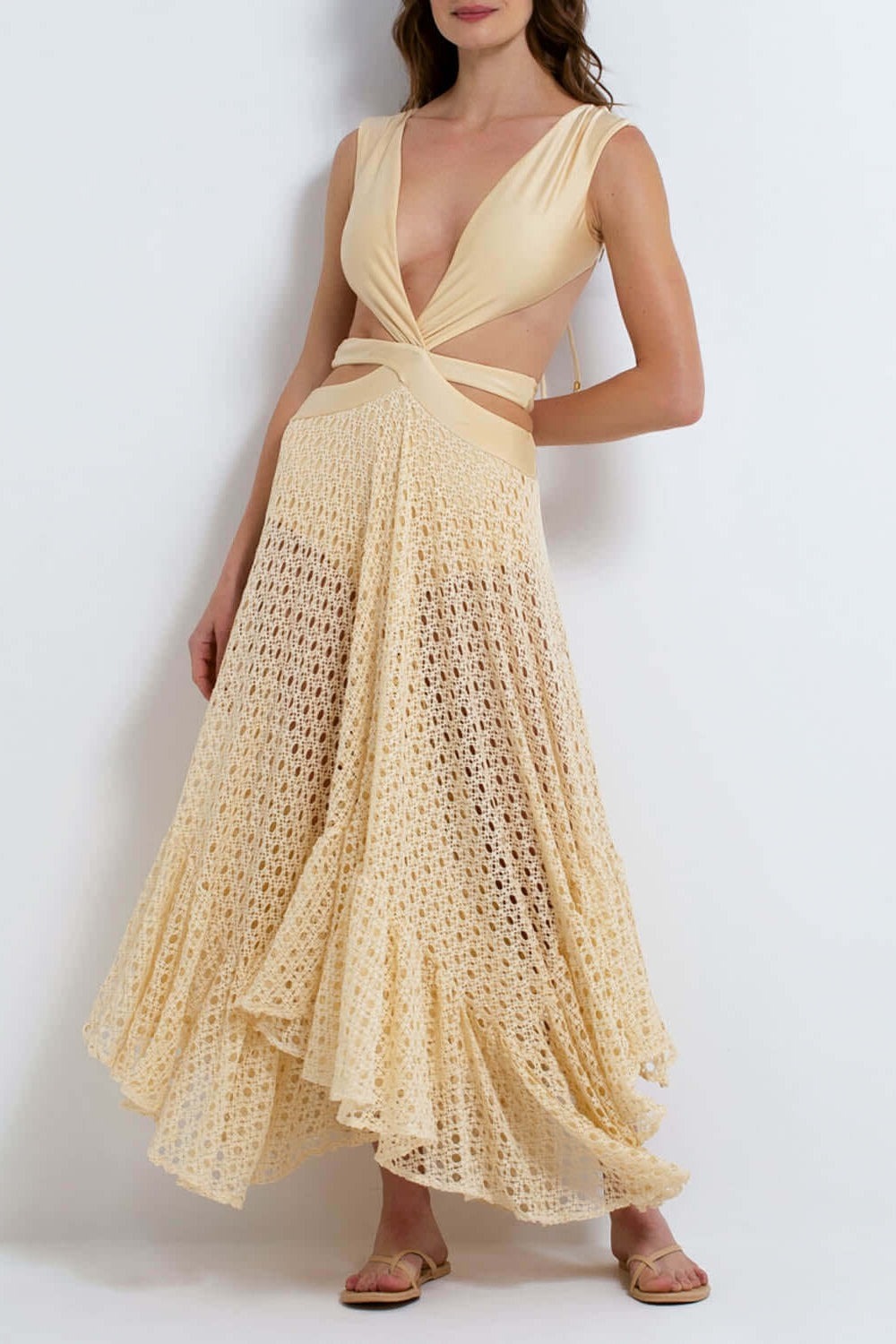 Belted crochet-trimmed Maxi swimsuit