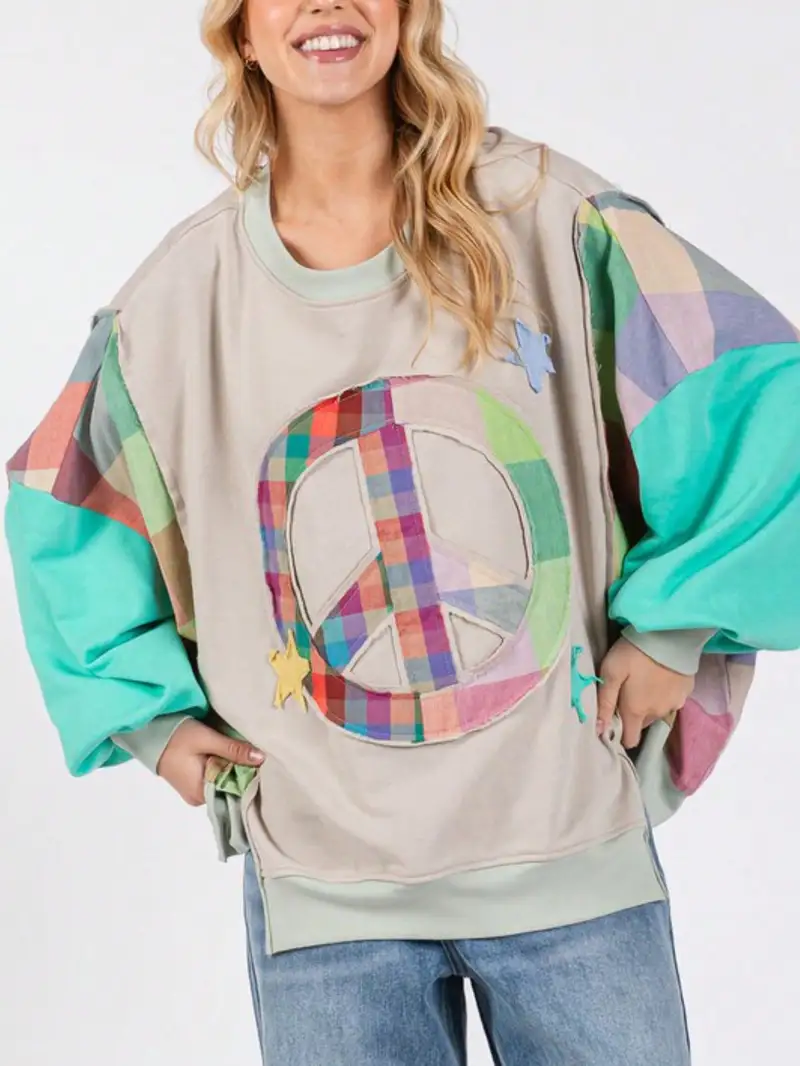 Womens Casual Retro Boho Chic Patchwork Peace Sign Star Applique Pullover Sweatshirt