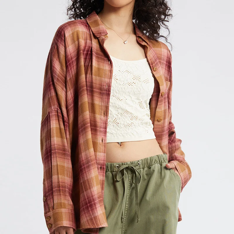 Daily Shirt Style Casual Women's Long Sleeve Lightweight Plaid Oversize Button-Up Shirt