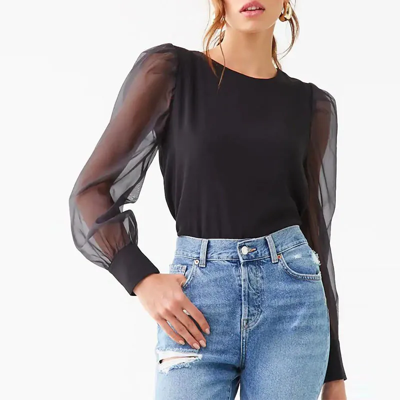 Fashion Lady Top for Women Solid O-Neck with Sheer Sleeves Casual Style Breathable Chiffon Tops