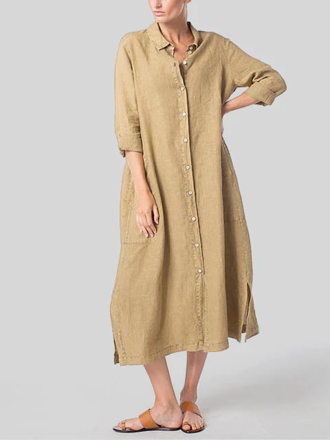 Cotton and Linen Hem Side Slit Shirt Dress