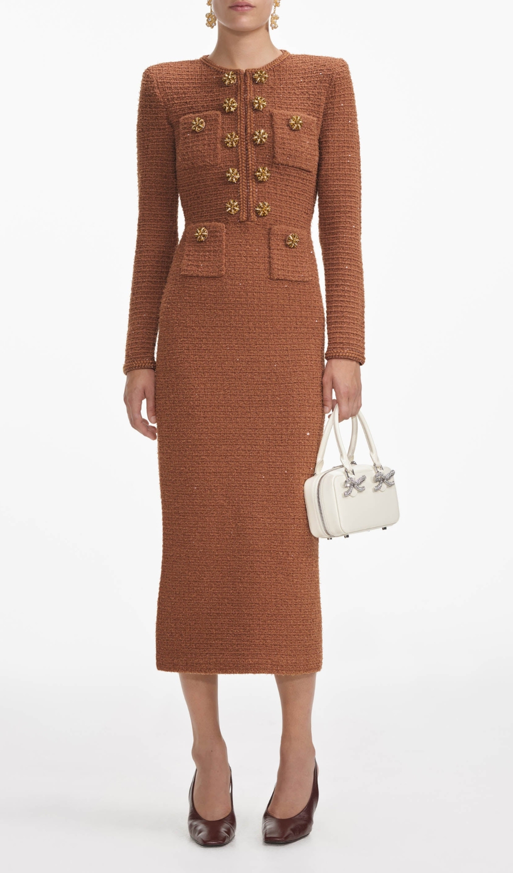 Brown Textured Knit Midi Dress