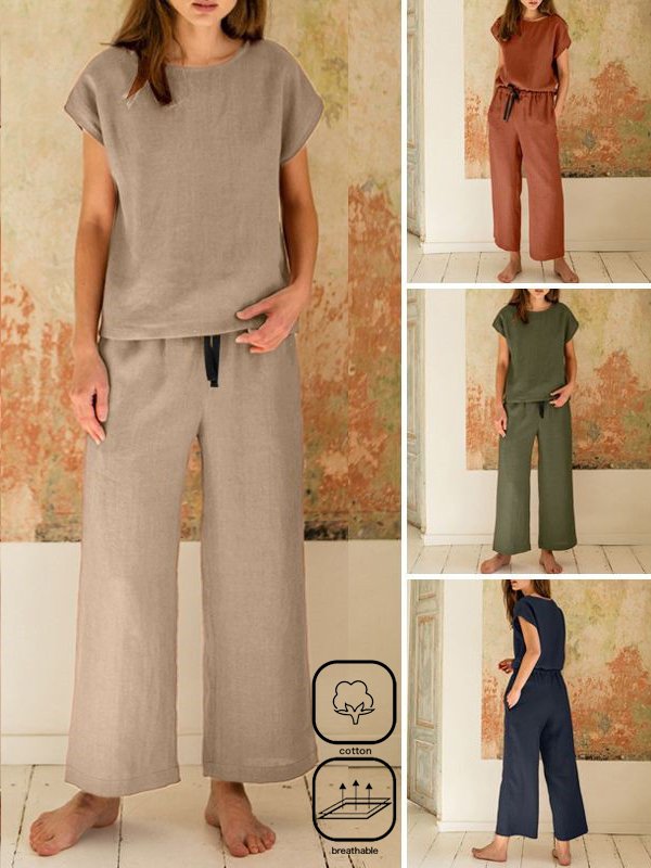 Crew Neck Casual Cotton Loose Two-Piece Set